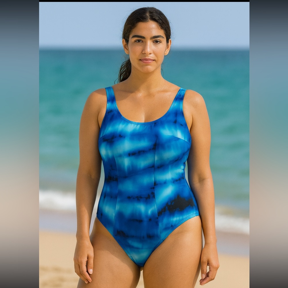 Women's Miraclesuit Blue One Piece Tye Dye Size‎ 12DD Wireless Bathing Suit